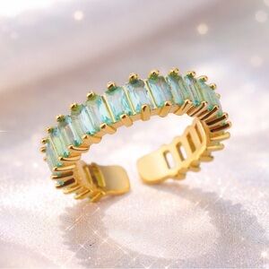 NEW Gold PVD Coated Aqua Baguette Adjustable Ring